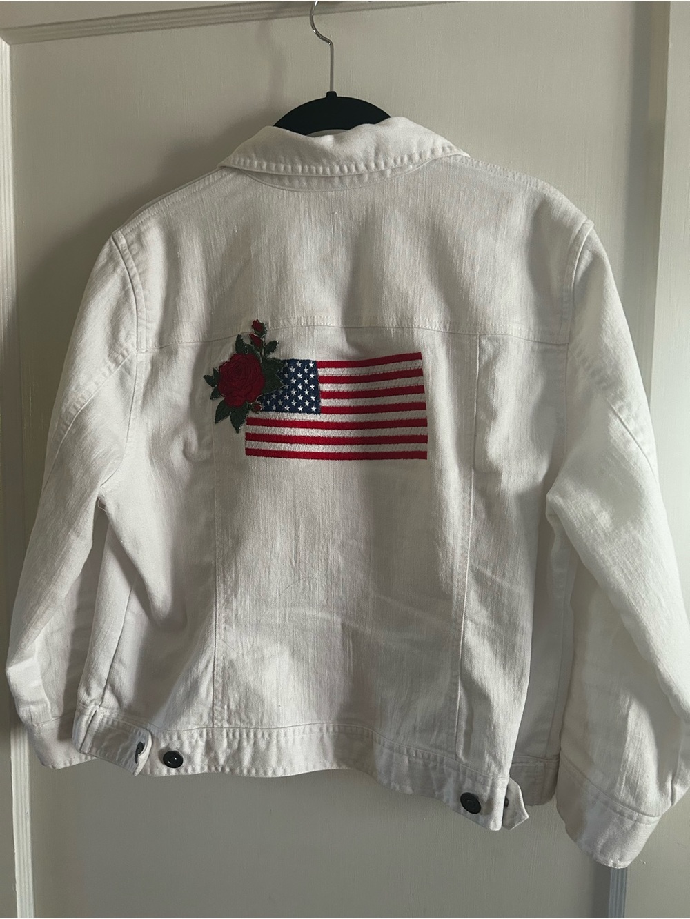 Ruby Rd. White Denim Button-Front Jean Jacket with Flag Design